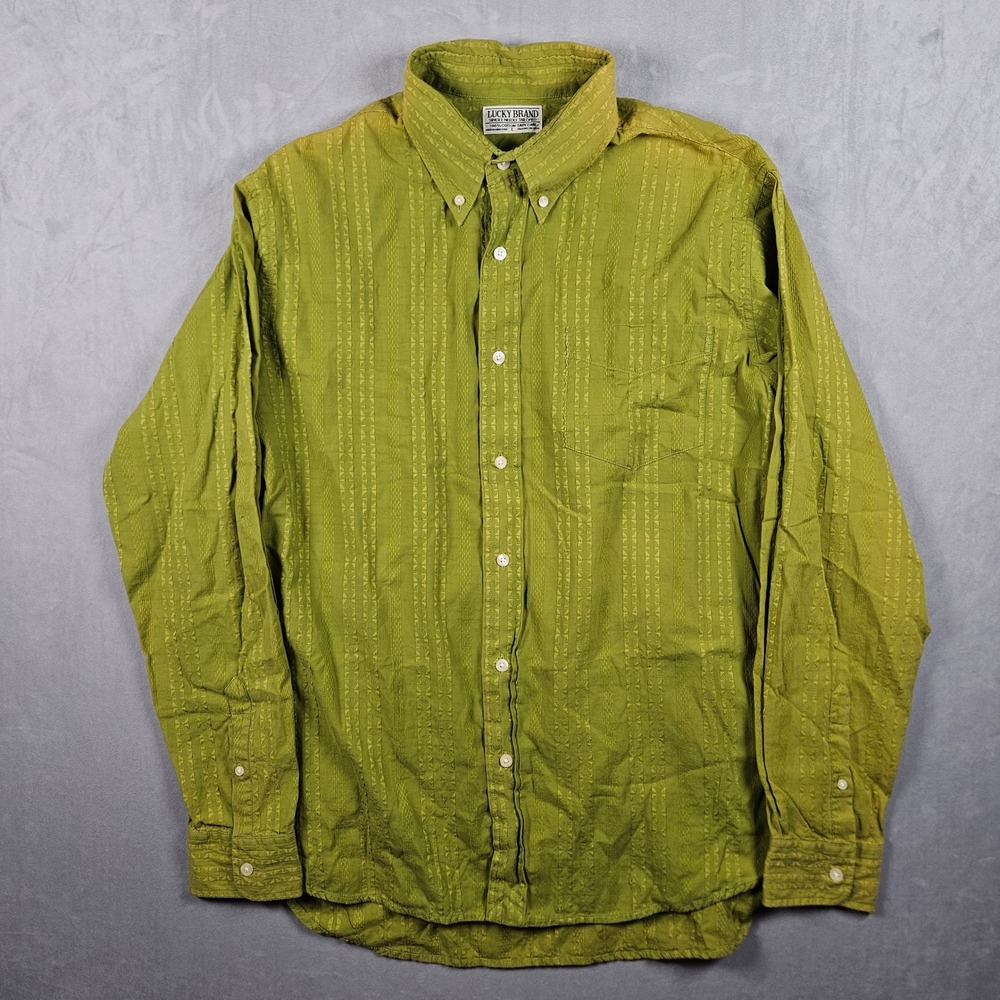 Vintage Lucky Brand  Shirt Mens Lare Green Textured Stripe Button Down 90s - Picture 2 of 11